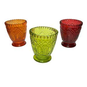 Vintage Hobnail Cut Glass 4" Candle Holders Set of 3 Red Green Orange
